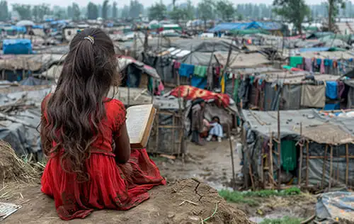 A Little Girl Reading Book on a Small Hill